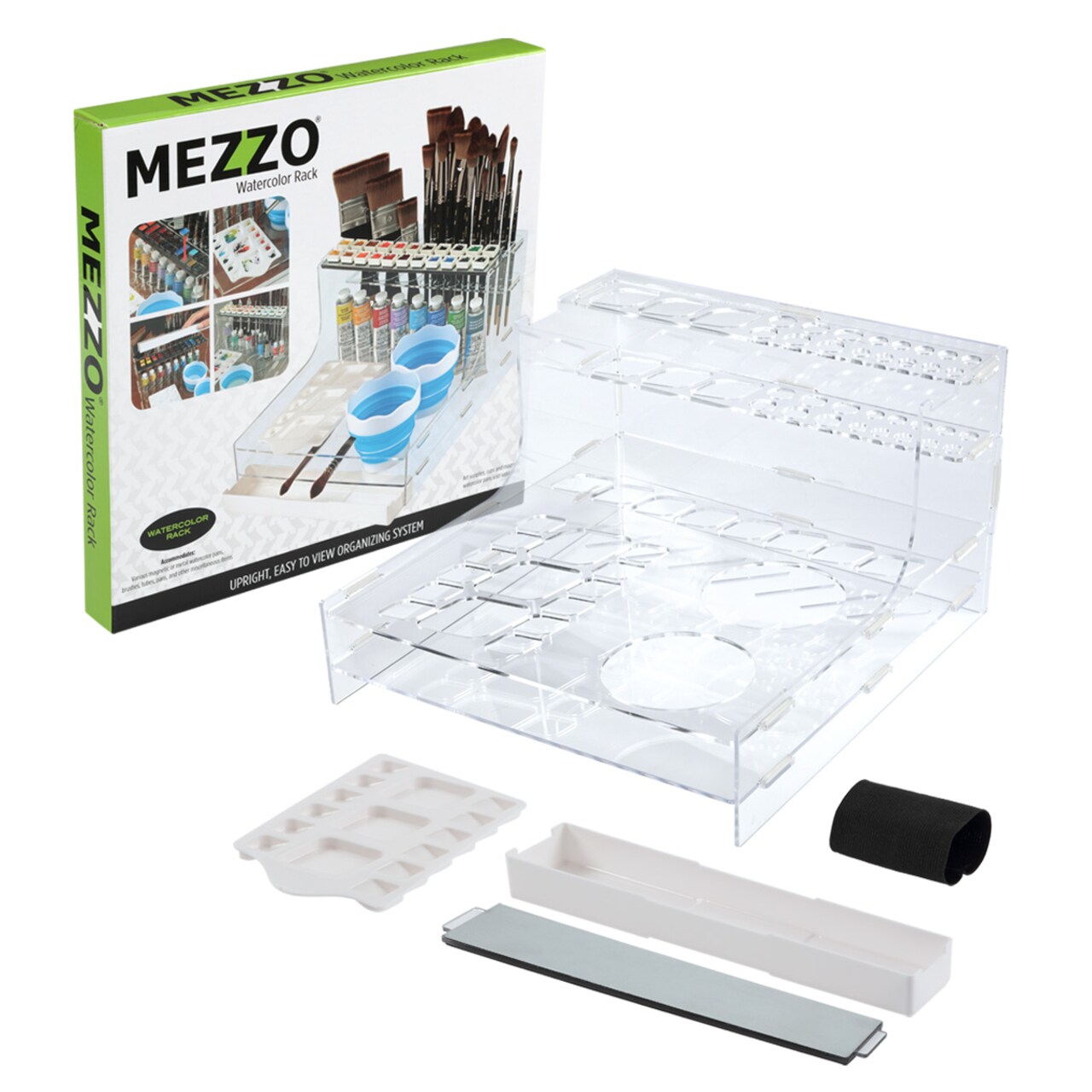 HG Art Concepts Mezzo Artist Studio Watercolor Rack - Watercolor Paint Brush Holder w/ Palette, Drip Pan and Magnetic Half Pan Storage, Organization System for 19 Brushes, Paint Tubes & More
